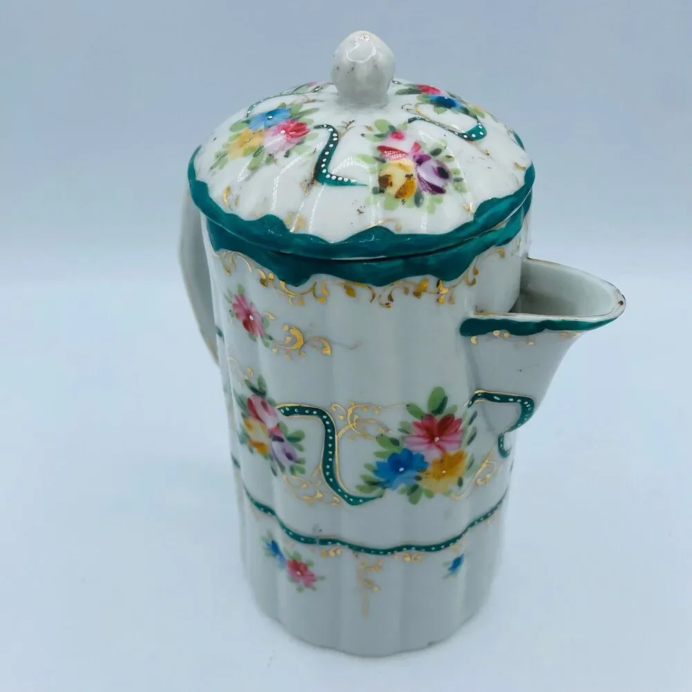 Vintage Porcelain Hot Chocolate Pot Pitcher With Lid Hand Painted Floral Green